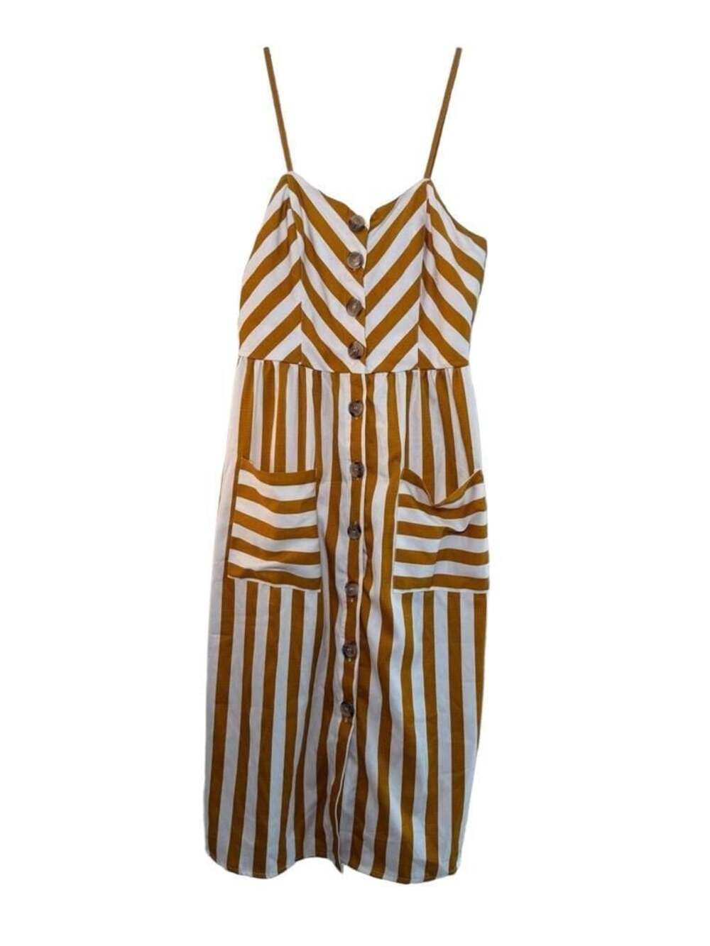 Style House large button through mustard striped mini dress adjustable straps